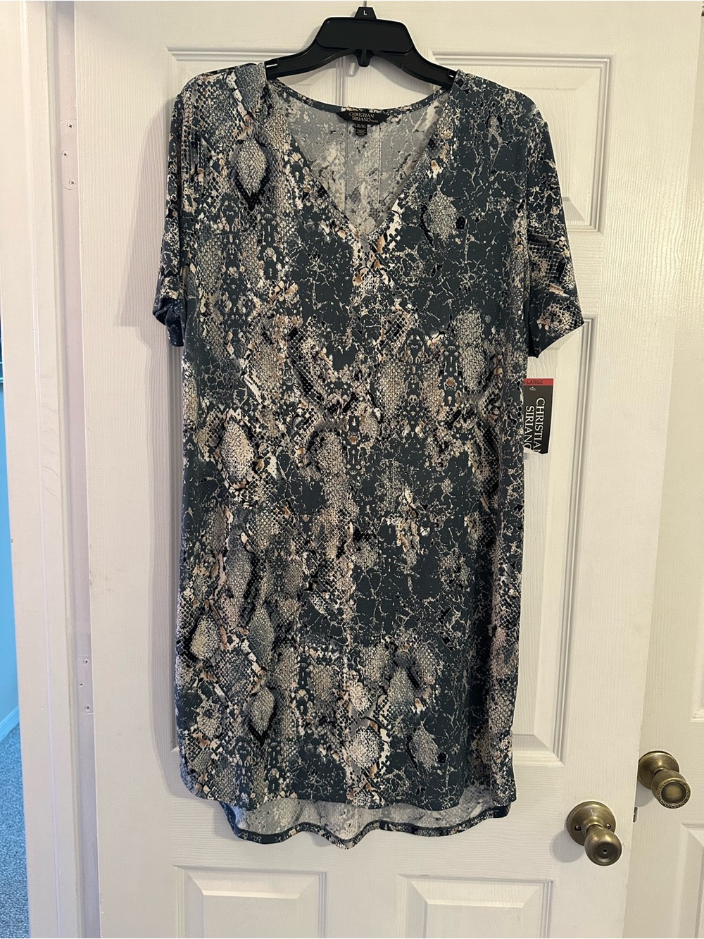 Christian Siriano Green and Beige Snake Print V-Neck Dress